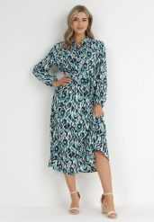 Niebieska Koszulowa Sukienka Midi z Wiązanym Paskiem Evalyn. Niebieskie sukienki Born2be, l, bez wzorów, bez kołnierzyka, bez ramiączek, midi, koszulowe. Za 84.99 zł.