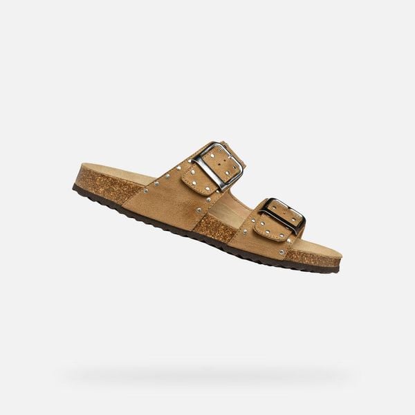 Sandały damskie Geox Brionia R I. Brązowe sandały Geox, bez wzorów, z gumy, eleganckie, bez obcasa, bez zapięcia. Za 314.50 zł.