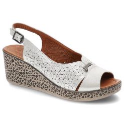 Srebrne Sandały Lanqier Damskie Buty Na Lato. Szare sandały Lanqier, w ażurowe wzory, ze skóry, eleganckie, bez obcasa, na koturnie, bez zapięcia. Za 139.00 zł.
