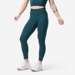 Legginsy do treningu siłowego damskie Domyos bezszwowe. Czarne legginsy DOMYOS, l, bez wzorów, z dzianiny, z podwyższonym stanem, długie. Za 99.99 zł.