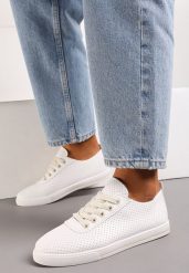 Biało-Beżowe Sznurowane Tenisówki przed Kostkę na Płaskiej Podeszwie z Ozdobną Perforacją Assenia. Białe obuwie sportowe Born2be, przed kostkę, bez zapięcia, tenisowe. Za 59.99 zł.