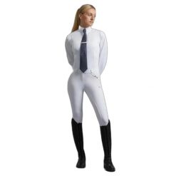 Koszula jeździecka konkursowa damska z długim rękawem Premier Equine Tessa. Białe koszule PREMIER EQUINE, bez wzorów, z bawełny, eleganckie, bez kołnierzyka, bez ramiączek. Za 286.00 zł.