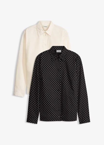 Bluzka koszulowa z bawełny (2 szt.). Białe bluzki bonprix, bez wzorów, z bawełny, eleganckie, bez kołnierzyka, bez ramiączek. Za 124.99 zł.