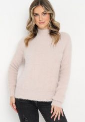 Beżowy Sweter z Półgolfem i Dłuższym Włosiem Evassem. Brązowe swetry Born2be, bez wzorów, z dzianiny, bez ramiączek. Za 54.99 zł.