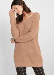 Sweter w prążek z dekoltem w łódkę. Brązowe swetry bonprix, bez wzorów, bez ramiączek. Za 99.99 zł.