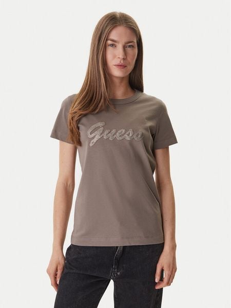 Guess T-Shirt W6GI08 K3023 Brązowy Regular Fit. Brązowe t-shirty Guess, s, z aplikacjami, z bawełny, bez kołnierzyka, bez ramiączek. Za 121.99 zł.
