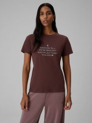 4F T-shirt regular z nadrukiem damski - brązowy L. Brązowe t-shirty 4f, l, bez wzorów, z bawełny, bez kołnierzyka, bez ramiączek. Za 69.99 zł.