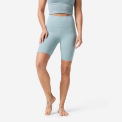 Legginsy krótkie do jogi i pilatesu Domyos. Niebieskie legginsy DOMYOS, l, bez wzorów, z materiału, z podwyższonym stanem, krótkie. Za 69.99 zł.