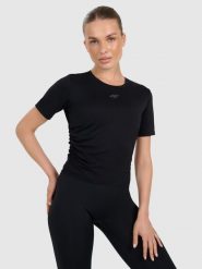 4F Crop-top do jogi i pilatesu szybkoschnący damski - czarny XS. Czarne koszulki sportowe 4f, bez wzorów, z elastanu, bez ramiączek, na jogę i pilates. Za 99.99 zł.