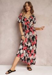 Czarno-Czerwona Kopertowa Sukienka Maxi w Kwiaty z Gumką w Talii Jazzly. Czerwone sukienki Renee, l, bez wzorów, bez kołnierzyka, bez ramiączek, maxi, kopertowe. Za 54.99 zł.