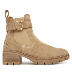 Botki Tamaris. Brązowe botki Tamaris, bez wzorów, bez obcasa, na słupku, bez zapięcia. Za 509.99 zł.