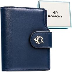 Granatowy portfel damski ze skóry ekologicznej zamykany na zatrzask i suwak - Rovicky. Niebieskie portfele ROVICKY, bez wzorów, ze skóry ekologicznej. Za 89.99 zł.