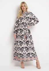 Beżowo-Czarna Sukienka o Pudełkowym Fasonie z Satyny w Ornamentalny Print Alerosa. Brązowe sukienki Born2be, l, bez wzorów, z materiału, bez kołnierzyka, bez ramiączek, maxi. Za 139.99 zł.
