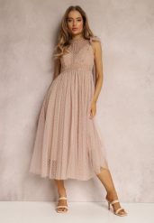 Beżowa Sukienka Canissa. Brązowe sukienki Renee, na imprezę, m, bez wzorów, z koronki, eleganckie, bez kołnierzyka, bez ramiączek, midi, kopertowe. Za 219.99 zł.