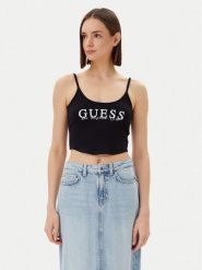 Guess Top V5GP16 K8RT2 Czarny Regular Fit. Czarne topy Guess, s, z aplikacjami, z wiskozy, bez kołnierzyka, bez ramiączek. Za 89.99 zł.