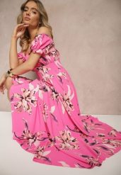 Fuksjowa Sukienka z Bawełną Rozkloszowana w Kwiatowy Print z Dekoltem Łódką Annirna. Czerwone sukienki Renee, na co dzień, na lato, l, bez wzorów, z bawełny, eleganckie, bez kołnierzyka, bez ramiączek, midi, rozkloszowane. Za 49.99 zł.