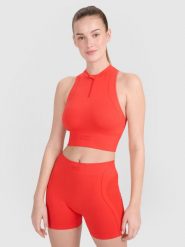 4F Crop-top treningowy slim bezszwowy damski - czerwony M/L. Czerwone koszulki sportowe 4f, bez wzorów, z dzianiny, bez ramiączek, do biegania. W wyprzedaży za 59.99 zł.