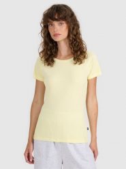 4F T-shirt regular z prążkowanej dzianiny damski - żółty L. Żółte t-shirty 4f, l, bez wzorów, z bawełny, bez kołnierzyka, bez ramiączek. Za 49.99 zł.
