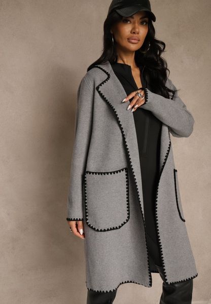 Szary Kardigan z Haftowaną Lamówką Tuscele. Szare kardigany Renee, s, bez wzorów, z jeansu. Za 109.99 zł.