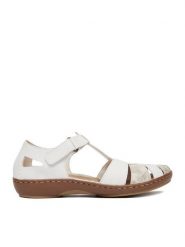 Rieker Sandały CEO-45869-81 Biały. Białe sandały Rieker, bez wzorów, ze skóry, bez obcasa, na płaskiej podeszwie, bez zapięcia. Za 339.99 zł.