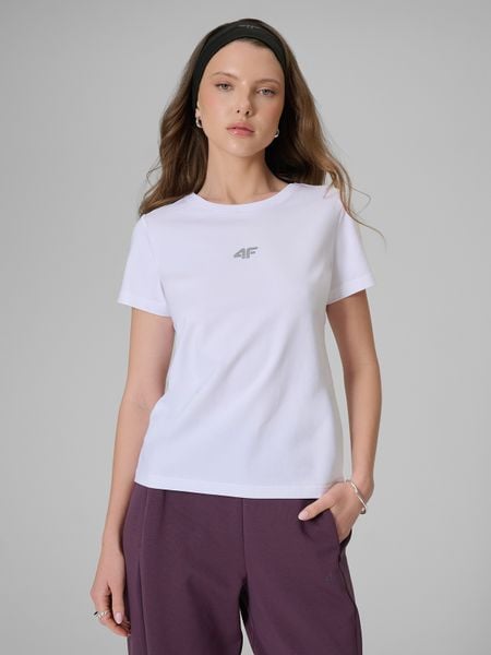 4F T-shirt slim gładki damski - biały S. Białe koszulki sportowe 4f, bez wzorów, z materiału, bez ramiączek, na fitness i siłownię. Za 49.99 zł.