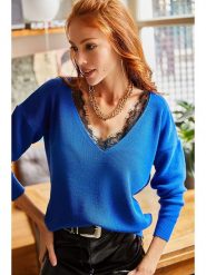 Trendyol Sweter w kolorze niebieskim rozmiar: onesize. Niebieskie swetry Trendyol, bez wzorów, z koronki, bez ramiączek. Za 68.45 zł.