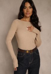 Beżowy Sweter z Wiskozą Ozdobiony Metaliczną Nitką Liatolla. Brązowe swetry Renee, s, bez wzorów, z jeansu, bez ramiączek. Za 79.99 zł.