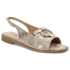 Złote Sandały S.Barski Stylowe Obuwie Damskie. Żółte sandały S.BARSKI, bez wzorów, z materiału, eleganckie, bez obcasa, na koturnie, bez zapięcia. Za 149.00 zł.