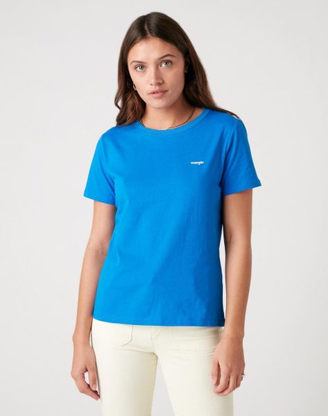 DAMSKI T-SHIRT WRANGLER SIGN OFF TEE STRONG BLUE W7Q0-D3-X2V 112132068. Niebieskie t-shirty Wrangler, s, bez wzorów, bez kołnierzyka, bez ramiączek. W wyprzedaży za 49.99 zł.