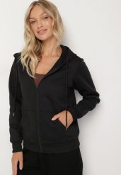 Czarna Rozpinana Bluza z Kapturem Bawełną i Sznurkami Viltara. Czarne bluzy Born2be, l, bez wzorów, z bawełny, z kapturem. Za 49.99 zł.