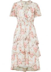 Sukienka midi w kwiaty z falbanami. Białe sukienki bonprix, bez wzorów, bez kołnierzyka, bez ramiączek, midi. Za 189.99 zł.