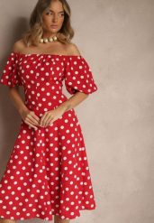 Czerwona Sukienka Hiszpanka Vices w Kropki o Rozkloszowanym Kroju Zilua. Czerwone sukienki Renee, na spotkanie biznesowe, l, bez wzorów, z materiału, retro, bez kołnierzyka, bez ramiączek, midi, rozkloszowane. Za 119.99 zł.