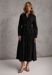 Czarna Sukienka w Koszulowym Stylu z Wiskozą Bawełną i Paskiem Nerigunn. Czarne sukienki Renee, na lato, l, bez wzorów, z bawełny, eleganckie, bez kołnierzyka, bez ramiączek, maxi, koszulowe. Za 199.99 zł.