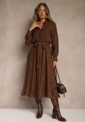 Brązowa Koszulowa Sukienka z Wiskozy o Rozkloszowanym Fasonie z Wiązaniem Isozera. Brązowe sukienki Renee, l, z aplikacjami, z wiskozy, eleganckie, bez kołnierzyka, bez ramiączek, koszulowe. Za 159.99 zł.