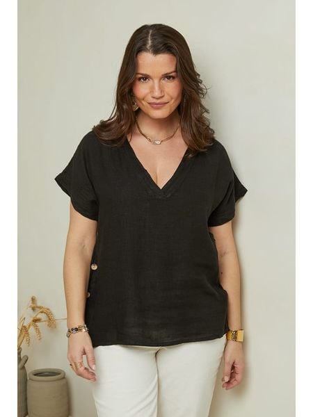 Curvy Lady Lniana koszulka w kolorze czarnym rozmiar: 40/42. Czarne bluzki Curvy Lady, bez wzorów, ze lnu, klasyczne, bez kołnierzyka, bez ramiączek. Za 114.44 zł.