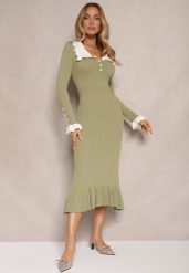 Zielona Sukienka Retro z Dzianiny z Wiskozą Zdobiona Kołnierzykiem Zihanne. Zielone sukienki Renee, na co dzień, m, z aplikacjami, z dzianiny, eleganckie, bez kołnierzyka, bez ramiączek, maxi, dopasowane. Za 129.99 zł.