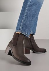 Brązowe Botki w Stylu Sztybletów na Słupku Hevea. Brązowe botki Born2be, z aplikacjami, z jeansu, bez obcasa, na obcasie, bez zapięcia. Za 129.99 zł.