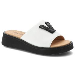 Klapki damskie Vinceza, cholewka ze skóry naturalnej wsuwany fason szeroki pasek, białe, 66950. Białe klapki VINCEZA, z aplikacjami, ze skóry, bez obcasa, na koturnie. Za 169.00 zł.