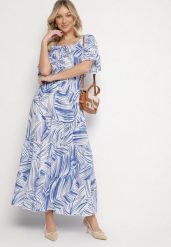 Niebieska Bawełniana Sukienka Rozkloszowana w Liście Alaniva. Niebieskie sukienki Born2be, na co dzień, na lato, l, bez wzorów, z bawełny, eleganckie, bez kołnierzyka, bez ramiączek, maxi, rozkloszowane. Za 49.99 zł.