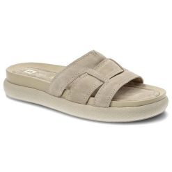 Klapki damskie Nessi, naturalna skóra zamszowa z szerokimi paskami na cholewce profilowaną wkładką, bez, 22213-W4. Brązowe klapki Nessi, bez wzorów, ze skóry, bez obcasa. Za 229.00 zł.