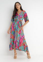 Zielono-Różowa Sukienka Cesetros. Zielone sukienki Born2be, l, bez wzorów, bez kołnierzyka, bez ramiączek, midi, kopertowe. Za 159.99 zł.
