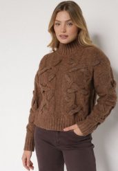 Brązowy Golf z Domieszką Wełny Zdobiony Oryginalnym Splotem Fedwira. Brązowe golfy Born2be, uniwersalny, z aplikacjami, z jeansu, bez ramiączek. Za 159.99 zł.