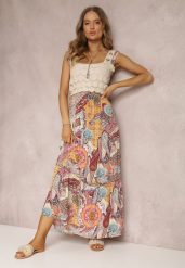 Beżowo-Różowa Sukienka Grayah. Brązowe sukienki Renee, m, z aplikacjami, z tkaniny, boho, bez kołnierzyka, bez ramiączek, maxi, rozkloszowane. Za 49.99 zł.