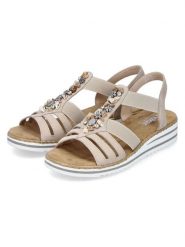 Rieker Sandały w kolorze beżowym rozmiar: 38. Brązowe sandały Rieker, z aplikacjami, z otwartym noskiem, bez obcasa, na koturnie, bez zapięcia. Za 168.06 zł.