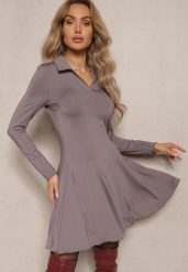 Szara Sukienka z Wiskozą o Rozkloszowanym Kroju z Kołnierzykiem Ettoria. Szare sukienki Renee, l, bez wzorów, z wiskozy, eleganckie, bez kołnierzyka, bez ramiączek, mini, rozkloszowane. Za 99.99 zł.