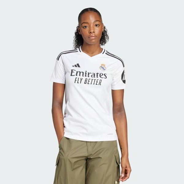 Koszulka Real Madrid 24/25 Home. Białe bluzki Adidas, s, bez wzorów, z materiału, sportowe, bez kołnierzyka, bez ramiączek. Za 449.00 zł.