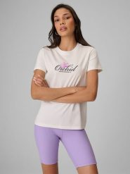 4F T-shirt regular z nadrukiem damski - biały M. Białe t-shirty 4f, m, bez wzorów, z bawełny, bez kołnierzyka, bez ramiączek. Za 69.99 zł.