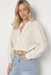 Beżowa Bawełniana Koszula Zdobiona Haftem w Kwiatowy Wzór z Cekinami Gonirith. Brązowe koszule Born2be, l, z aplikacjami, z bawełny, eleganckie, bez kołnierzyka, bez ramiączek. Za 109.99 zł.