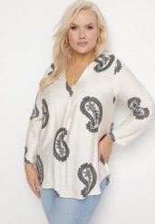 Biała Bluzka z Wiskozą w Geometryczny Wzór Mitoria. Białe bluzki Born2be, xl, bez wzorów, z jeansu, eleganckie, bez kołnierzyka, bez ramiączek. W wyprzedaży za 67.99 zł.