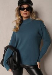 Granatowy Golf z Eleganckim Zapięciem na Ramieniu Ozdobiony Cyrkoniami przy Guzikach Maririna. Niebieskie golfy Renee, bez wzorów, z jeansu, bez ramiączek. Za 64.99 zł.